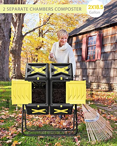 2 X 18.5 Gal Dual Chamber Compost Tumbling Bin from BPA Free Material - Outdoor Rotating Chamber Composters，with Easy-Turn, Fast-Working System for Garden/Patio