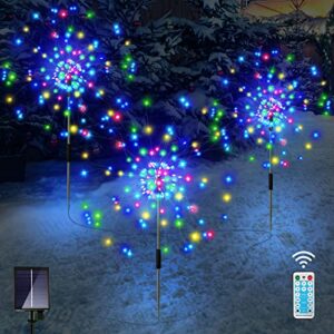 solar garden lights outdoor decor, 3 pack 360 led solar fireworks lights waterproof 8 modes starburst lights with remote, solar flower lights for pathway patio yard christmas decorations(multicolor)