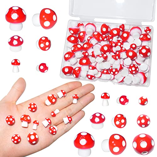 HADDIY Mini Mushrooms Decorations,60 Pcs Tiny Resin Miniature Mushroom Figurines for Crafts,Bonsai and Fairy Garden Accessories(Red)