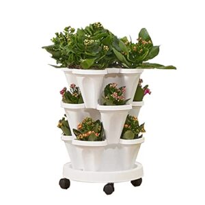 tectsia strawberry vertical planter tower garden, 3 tiered planter stackable herb garden planter with movable casters and bottom saucer indoor and outdoor – white