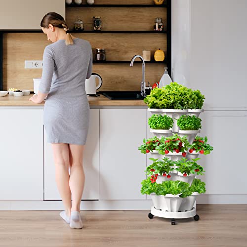 Tectsia Strawberry Vertical Planter Tower Garden, 3 Tiered Planter Stackable Herb Garden Planter with Movable Casters and Bottom Saucer Indoor and Outdoor - White