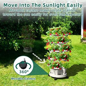 Tectsia Strawberry Vertical Planter Tower Garden, 3 Tiered Planter Stackable Herb Garden Planter with Movable Casters and Bottom Saucer Indoor and Outdoor - White