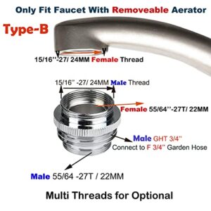 Multi-Thread Faucet to Hose Adapter, Garden Kitchen Hose Adapter, Kitchen Sink Faucet Adpater to Garden Hose, Brass Bathroom Aerator Adapter for Male to Male and Female to Male, Chrome (2 Types)