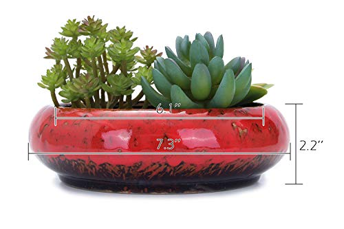 VanEnjoy 7.3 inch Round Large Shallow Succulent Ceramic Glazed Planter Pots with Drainage Hole, Bonsai Pots Garden Decorative Cactus Stand Flower Container (Red)