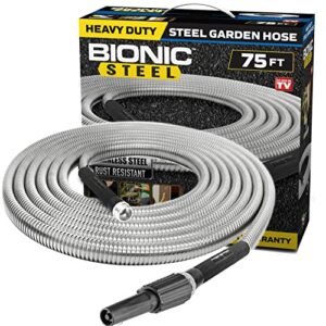 bionic steel 75 foot garden hose 304 stainless steel metal hose – super tough & flexible water hose, lightweight, crush resistant aluminum fittings, kink & tangle free, rust proof, easy to use & store
