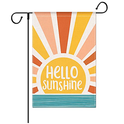 Jartinle Hello Sunshine Garden Flag, Rainbow Sun Summer Yard Flag Double Sided Vertical Burlap Outdoor Decor 12.5 x18 Inch