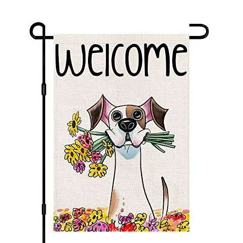 Welcome Spring Flower Garden Flag 12x18 Inch Double Sided Burlap Outside, Seasonal Floral Dog Sign Yard Farmhouse Outdoor Decor DF239