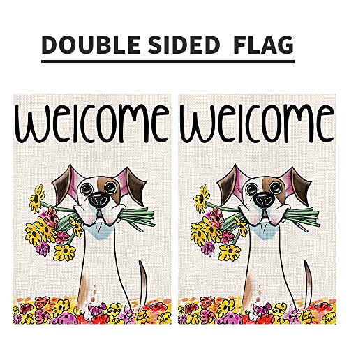 Welcome Spring Flower Garden Flag 12x18 Inch Double Sided Burlap Outside, Seasonal Floral Dog Sign Yard Farmhouse Outdoor Decor DF239