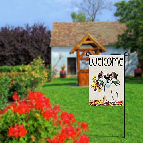 Welcome Spring Flower Garden Flag 12x18 Inch Double Sided Burlap Outside, Seasonal Floral Dog Sign Yard Farmhouse Outdoor Decor DF239