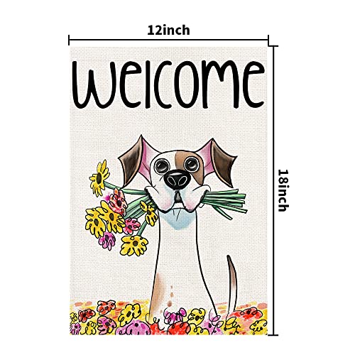 Welcome Spring Flower Garden Flag 12x18 Inch Double Sided Burlap Outside, Seasonal Floral Dog Sign Yard Farmhouse Outdoor Decor DF239