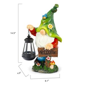 WOGOON Garden Gnome Statue, Resin Figurine with Bright Solar Lantern Lights and Welcome Sign, Outdoor Solar-Powered Illumination Yard Art Decorations for Indoor Outdoor Patio Lawn Garden Room