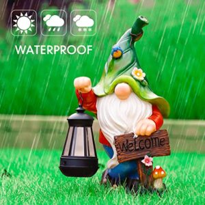 WOGOON Garden Gnome Statue, Resin Figurine with Bright Solar Lantern Lights and Welcome Sign, Outdoor Solar-Powered Illumination Yard Art Decorations for Indoor Outdoor Patio Lawn Garden Room