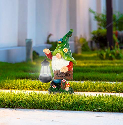 WOGOON Garden Gnome Statue, Resin Figurine with Bright Solar Lantern Lights and Welcome Sign, Outdoor Solar-Powered Illumination Yard Art Decorations for Indoor Outdoor Patio Lawn Garden Room