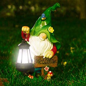 WOGOON Garden Gnome Statue, Resin Figurine with Bright Solar Lantern Lights and Welcome Sign, Outdoor Solar-Powered Illumination Yard Art Decorations for Indoor Outdoor Patio Lawn Garden Room