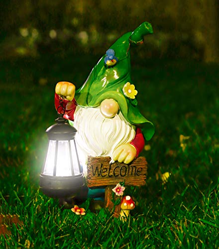 WOGOON Garden Gnome Statue, Resin Figurine with Bright Solar Lantern Lights and Welcome Sign, Outdoor Solar-Powered Illumination Yard Art Decorations for Indoor Outdoor Patio Lawn Garden Room