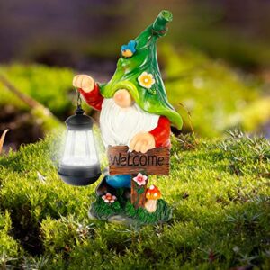 WOGOON Garden Gnome Statue, Resin Figurine with Bright Solar Lantern Lights and Welcome Sign, Outdoor Solar-Powered Illumination Yard Art Decorations for Indoor Outdoor Patio Lawn Garden Room