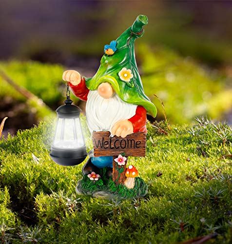 WOGOON Garden Gnome Statue, Resin Figurine with Bright Solar Lantern Lights and Welcome Sign, Outdoor Solar-Powered Illumination Yard Art Decorations for Indoor Outdoor Patio Lawn Garden Room