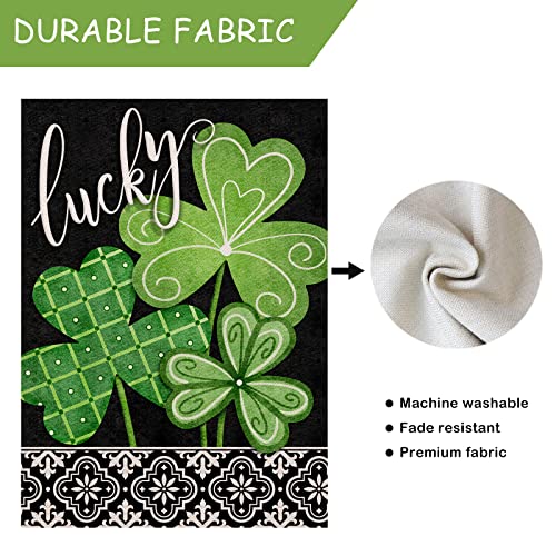 Selmad Lucky St. Patrick's Day Shamrock Clover Decorative Burlap Garden Flag, Irish Luck Home Yard Small Outdoor Decor, Spring Outside Decoration Double Sided 12 x 18