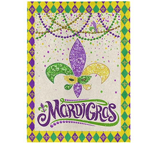 Mardi Gras Burlap Garden Flag 12x18, Outdoor Masquerade Party Decorations Fleur de Lis Garden House Flags,Gold Green Purple Buffalo Check Plaid Yard Flag Double Sided,New Orleans Holiday Outdoor Flags