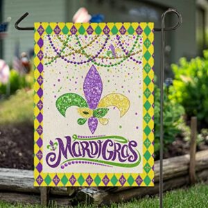 Mardi Gras Burlap Garden Flag 12x18, Outdoor Masquerade Party Decorations Fleur de Lis Garden House Flags,Gold Green Purple Buffalo Check Plaid Yard Flag Double Sided,New Orleans Holiday Outdoor Flags