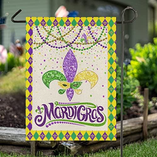 Mardi Gras Burlap Garden Flag 12x18, Outdoor Masquerade Party Decorations Fleur de Lis Garden House Flags,Gold Green Purple Buffalo Check Plaid Yard Flag Double Sided,New Orleans Holiday Outdoor Flags