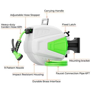 BIGTUR Retractable Garden Hose Reel, 3/5''x 65' Wall Mounted Retractable Garden Hose-Reel with Automatic Rewind/Slow Return System/180°Swivel Bracket