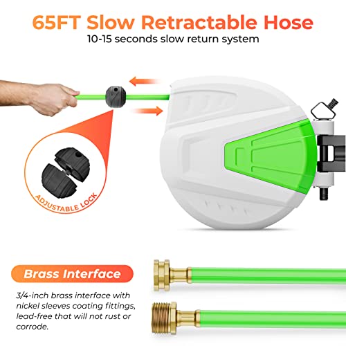 BIGTUR Retractable Garden Hose Reel, 3/5''x 65' Wall Mounted Retractable Garden Hose-Reel with Automatic Rewind/Slow Return System/180°Swivel Bracket