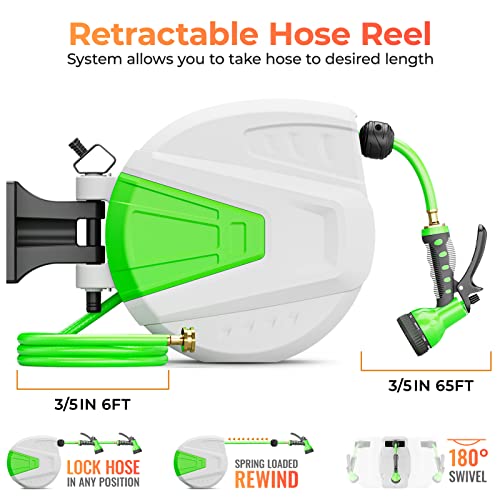 BIGTUR Retractable Garden Hose Reel, 3/5''x 65' Wall Mounted Retractable Garden Hose-Reel with Automatic Rewind/Slow Return System/180°Swivel Bracket