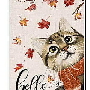 Fall Cat Garden Flag 12x18 Vertical Double Sided Hello Autumn Maple Leaves Thanksgiving Outside Decorations Burlap Yard Flag BW197