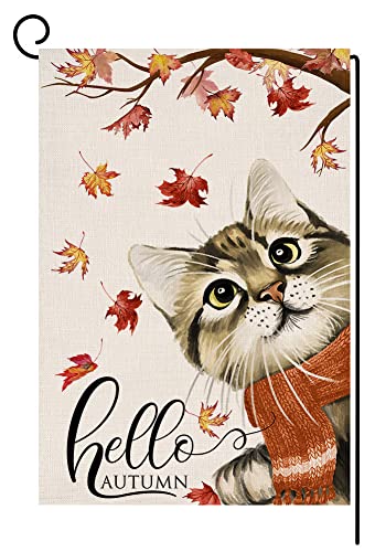 Fall Cat Garden Flag 12x18 Vertical Double Sided Hello Autumn Maple Leaves Thanksgiving Outside Decorations Burlap Yard Flag BW197