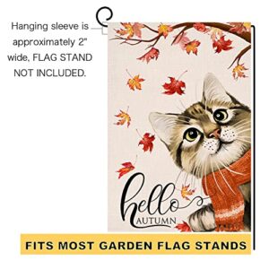 Fall Cat Garden Flag 12x18 Vertical Double Sided Hello Autumn Maple Leaves Thanksgiving Outside Decorations Burlap Yard Flag BW197