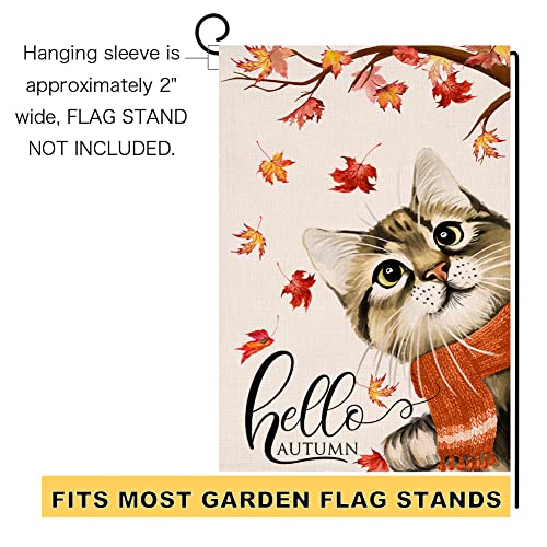 Fall Cat Garden Flag 12x18 Vertical Double Sided Hello Autumn Maple Leaves Thanksgiving Outside Decorations Burlap Yard Flag BW197