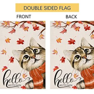 Fall Cat Garden Flag 12x18 Vertical Double Sided Hello Autumn Maple Leaves Thanksgiving Outside Decorations Burlap Yard Flag BW197