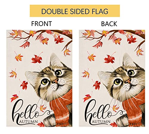 Fall Cat Garden Flag 12x18 Vertical Double Sided Hello Autumn Maple Leaves Thanksgiving Outside Decorations Burlap Yard Flag BW197