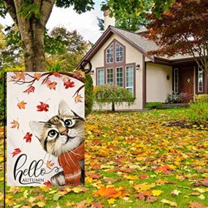 Fall Cat Garden Flag 12x18 Vertical Double Sided Hello Autumn Maple Leaves Thanksgiving Outside Decorations Burlap Yard Flag BW197