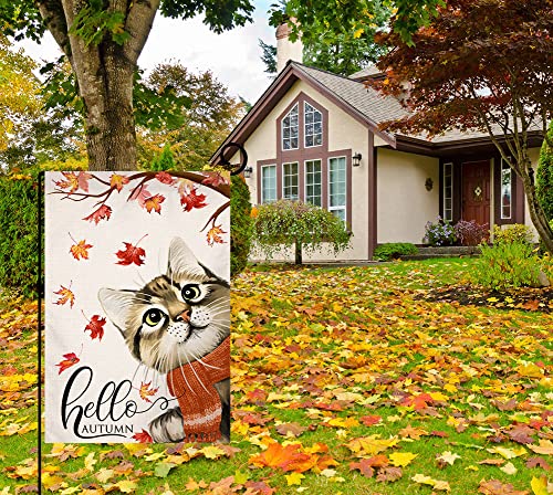 Fall Cat Garden Flag 12x18 Vertical Double Sided Hello Autumn Maple Leaves Thanksgiving Outside Decorations Burlap Yard Flag BW197