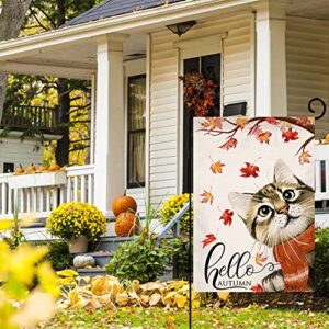 Fall Cat Garden Flag 12x18 Vertical Double Sided Hello Autumn Maple Leaves Thanksgiving Outside Decorations Burlap Yard Flag BW197