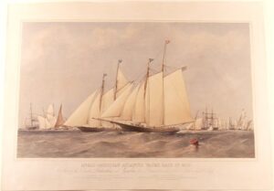 anglo-american atlantic yacht race of 1870. start of the yachts dauntless and cambria from queenstown for new york on the 4th. july