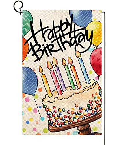 Baccessor Happy Birthday Garden Flag Big Colorful Cake Candles Balloon Yard Flag Burlap Vertical Double-Sided Party Outdoor Home House Decoration 12.5 x 18 Inch