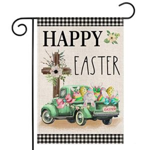 happy easter garden flag 12×18 inch double sided buffalo plaid with truck cross rabbit eggs,small yard flag for outside farmhouse holiday spring outdoor decor