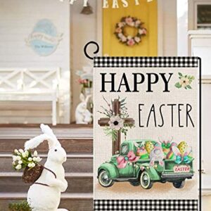 Happy Easter Garden Flag 12x18 Inch Double Sided Buffalo Plaid with Truck Cross Rabbit Eggs,Small Yard Flag for Outside Farmhouse Holiday Spring Outdoor Decor