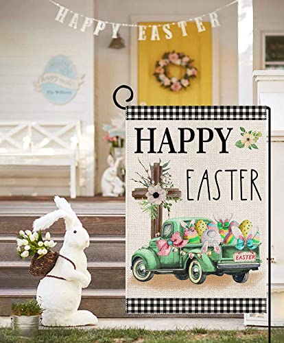 Happy Easter Garden Flag 12x18 Inch Double Sided Buffalo Plaid with Truck Cross Rabbit Eggs,Small Yard Flag for Outside Farmhouse Holiday Spring Outdoor Decor