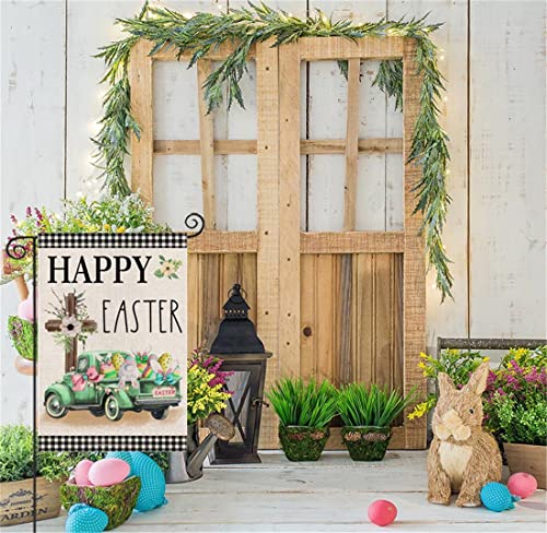 Happy Easter Garden Flag 12x18 Inch Double Sided Buffalo Plaid with Truck Cross Rabbit Eggs,Small Yard Flag for Outside Farmhouse Holiday Spring Outdoor Decor