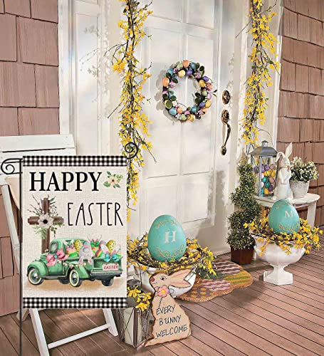 Happy Easter Garden Flag 12x18 Inch Double Sided Buffalo Plaid with Truck Cross Rabbit Eggs,Small Yard Flag for Outside Farmhouse Holiday Spring Outdoor Decor