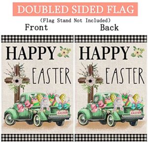 Happy Easter Garden Flag 12x18 Inch Double Sided Buffalo Plaid with Truck Cross Rabbit Eggs,Small Yard Flag for Outside Farmhouse Holiday Spring Outdoor Decor