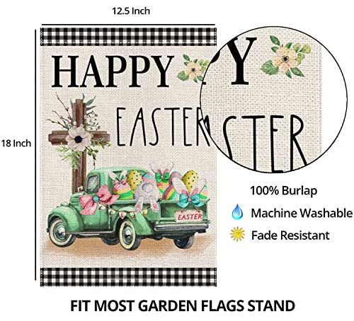 Happy Easter Garden Flag 12x18 Inch Double Sided Buffalo Plaid with Truck Cross Rabbit Eggs,Small Yard Flag for Outside Farmhouse Holiday Spring Outdoor Decor