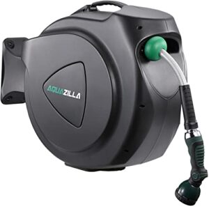 aquazilla retractable garden hose reel 65ft +6ft 5/8″, durable wall mounted water hose reel- smooth automatic rewind, lock hose in any lenght, 180¡ã swival bracket, 9 pattern sprayer.