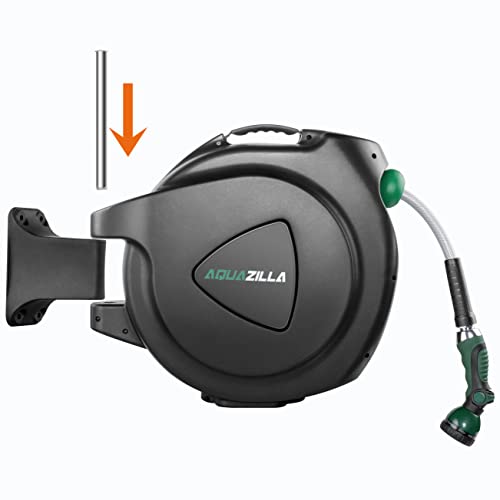 AQUAZILLA Retractable Garden Hose Reel 65FT +6FT 5/8", Durable Wall Mounted Water Hose Reel- Smooth Automatic Rewind, Lock Hose in Any Lenght, 180¡ã Swival Bracket, 9 Pattern Sprayer.