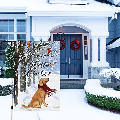 Hello Winter Dog Garden Flag 12x18 Double Sided, Burlap Farmhouse Small Golden Cardinal Retriever Garden Yard Flags for Winter Seasonal Outside Outdoor House Holiday Decor (ONLY FLAG)