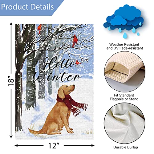 Hello Winter Dog Garden Flag 12x18 Double Sided, Burlap Farmhouse Small Golden Cardinal Retriever Garden Yard Flags for Winter Seasonal Outside Outdoor House Holiday Decor (ONLY FLAG)